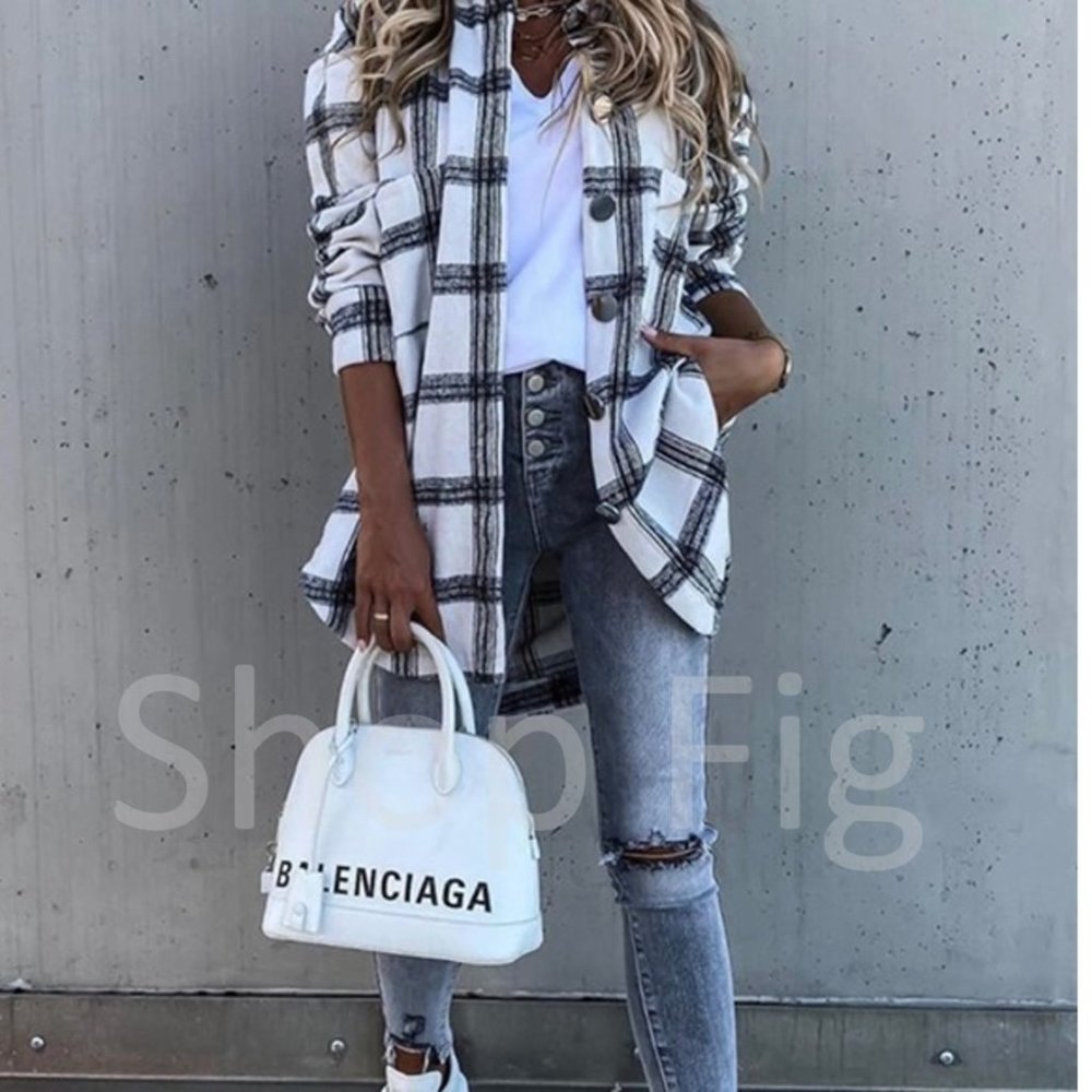 New Plaid Stripe Flannel Shirt Jacket Shacket Top Oversized - Picture 5 of 8